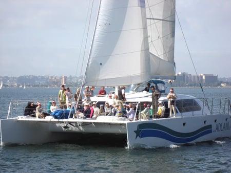 The Aolani catamaran is available for private charter from San Diego Bay Cruises.  Aolani accommodates up to 49 guests.