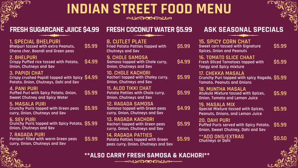 Indian Street Food Menu