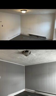 Before and after interior painting of a room in Dorchester MA