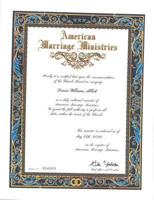 My Ordained Certificate.