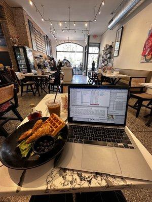 Dining area and chicken and waffles