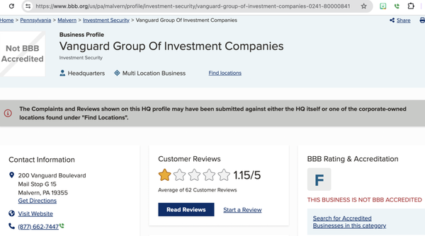 Vanguard's F rating on the Better Business Bureau's website.