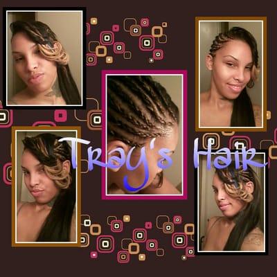 Sidehawk! Cornrows into what is known as a sidehawk (mohawk to one side) + Tracks in the bangs for color.
By: Tray