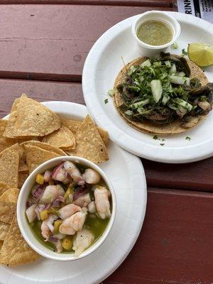 Ceviche of the day and mushroom & poblano taco, fresh & delish!