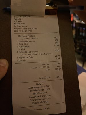 receipt showing the gratuity that was added to the check without explanation