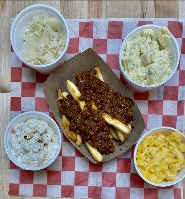 Sloppy dog fries with sloppy joe and each side order.