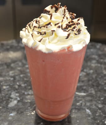 Smoothies are available in: Peach, Strawberry (pictured), Strawberry and Banana, Peaches and Creme, and Strawberries and Creme