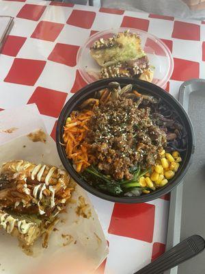 Kimchi hot dog and beef bibimbop