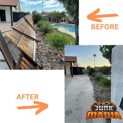 Before/After of Storm Damage on wood fence. Light Demo on Wood Fence/Junk Removal in Phoenix, Arizona