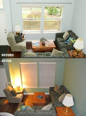 How the living room and front window looks before/after painting.