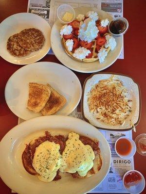 Irish eggs Benedict with hash browns ($7.95) and waffles w/strawberries+whipped cream and sausage patties ($5.95)