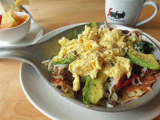 Healthy choice in skillet form with fresh cut fruit.mmmmmm