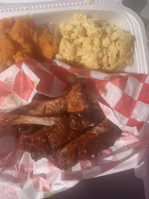 Rib & Fish, yams, Mac and cheese