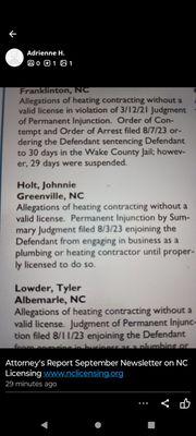 Attorney's Report September Newsletter on NC Licensing website www.nclicensing.org