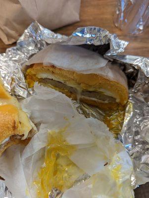 Sausage egg and cheese on an egg bagel