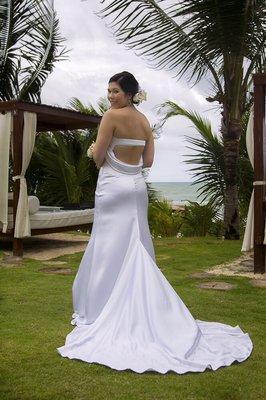 Back of Olivia C. Custom made silk charmeuse gown.