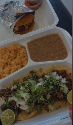 Asada Tacos Rice Beans and Gordita