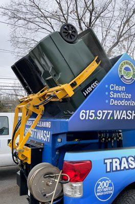 Trash bins lifted over 200 degree high pressure sprayers