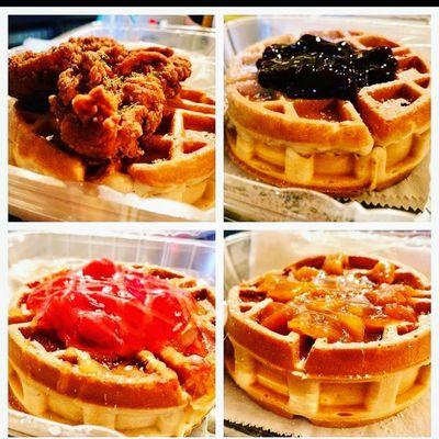 Chicken and Waffles 
Blueberry Waffles 
Strawberry Waffles
Peach Cobbler Waffles