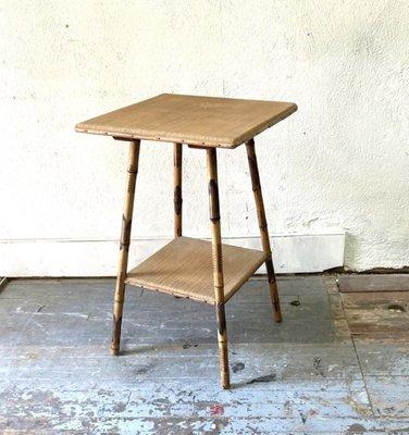 SOLD Victorian bamboo table. Wear and discoloration to grasscloth tops. 19" x 19" x 30"