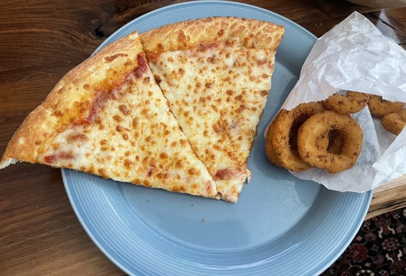 Great pizza, onions rings were meh.