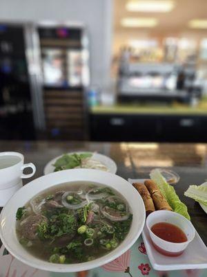 Pho and eggroll at the bar