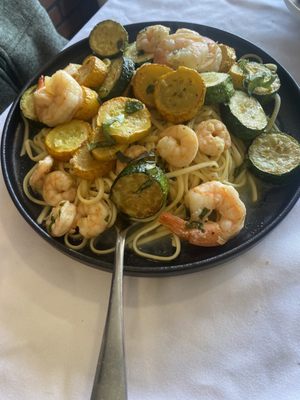 Squash, zucchini, and shrimp over pasta *chef kiss