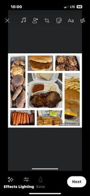 Hamburgers, hotdogs, shredded pork sandwich, grilled chicken, shoulder plate.