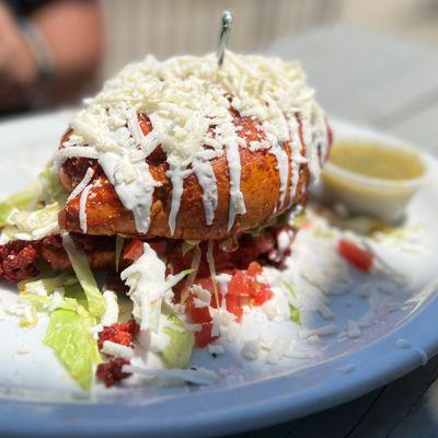 Chorizo Pambosa - sort of like a torta, but the bread is dipped & fried in a red guajillo pepper sauce. Very good!