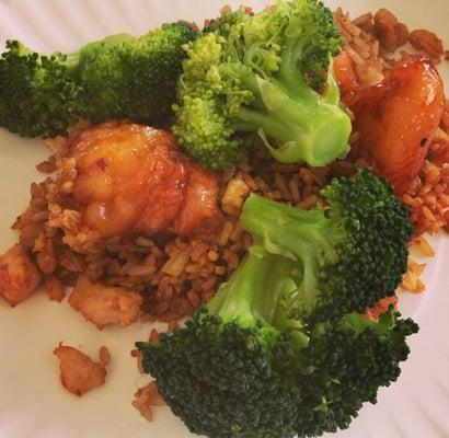 General Tso's chicken with broccoli added at home.