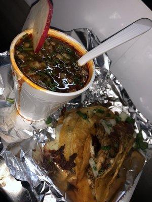 Wet Tacos. Quesadilla and Pork taco fusion severed with a pork consome (broth) to dip your taco or enjoy on the side.