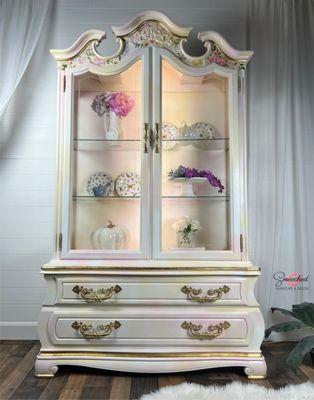 French Provincial China Hutch with installed RGB LED lighting.