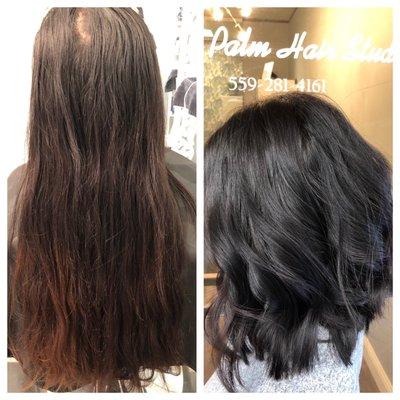 Before and after lob haircut.  Textured beach waves.