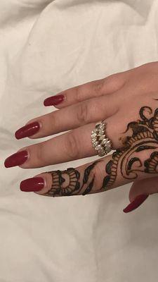 Bold red nails! Love the color  (henna done separately)