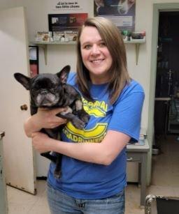 Juli Campbell, receptionist and vet tech is always friendly and professional. Pictured here with my Frenchie Midge.