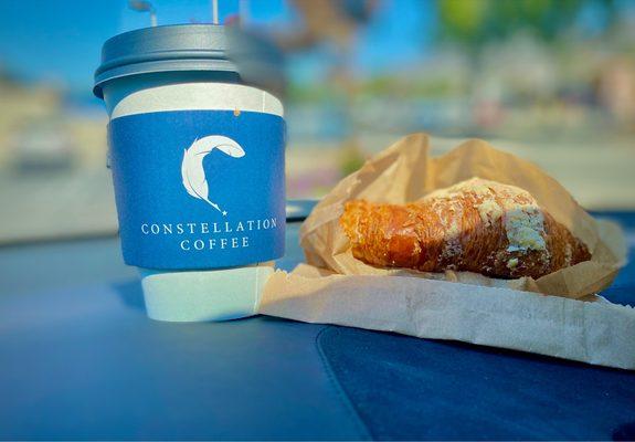 Very hot drip coffee and almond croissant. Yum.