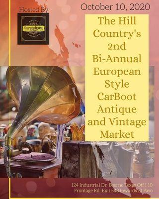 Hill Country's Antique and Vintage Market & European Style CarBoot Sale -
 Serendipity on Main - October 10, 2020 
124 Industrial Dr. Boerne