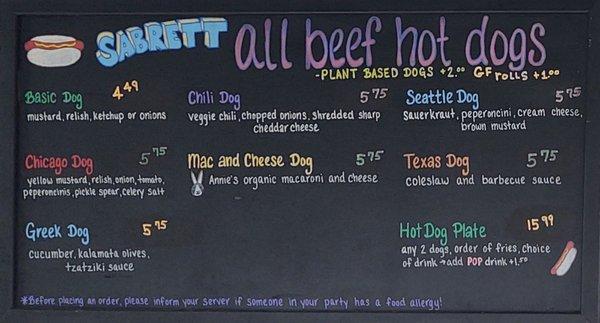 Hot Dogs Menu 2023 - Subject to Change