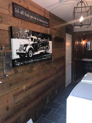 Laundry Room Remodel with New Slate Tile, Reclaimed Barnwood Accent Wall, Beadboard Ceiling and Custom Built-In Cubbies