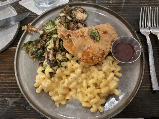 Brined chicken with pimento mac n cheese and maple roasted brussel sprouts