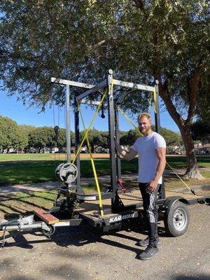 Full view of mobile gym and your health and fitness coach.