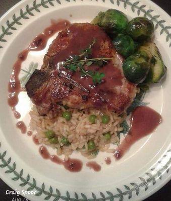 Veal chops with peas and brown rice and brussle sprouts