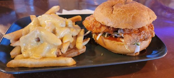 Honey hot chicken sandwich and cheese fries.