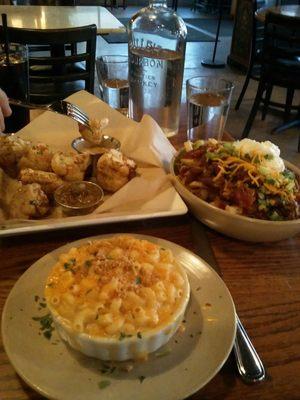 Super generous size starters.  Fried Cauliflower, chilli cheese fries and cheddar mac.  We need two more people!