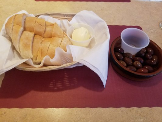 Complimentary bread and olives