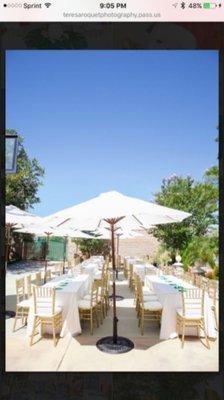 with our Market umbrellas create that high end outdoor venue look combined with our gold or silver Chivari chairs.