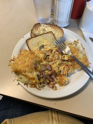 Hashbrown Omlette add fried onions and mushrooms.