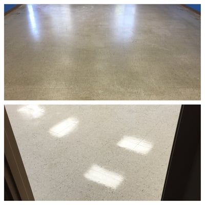 Before/After of a VCT floor we stripped down and applied new wax.