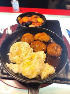 Chophouse Meatballs, whipped potatoes and hot honey rainbow carrots