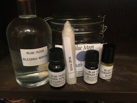 Blue Moon blessing oil, water and healing candle